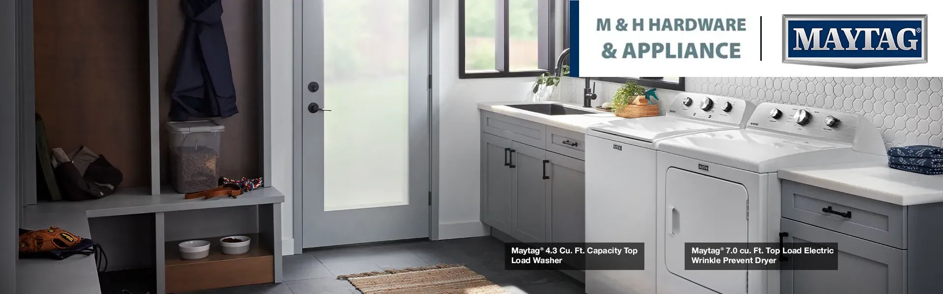 Maytag Promo Banner with Washer and Dryer in Laundry room
